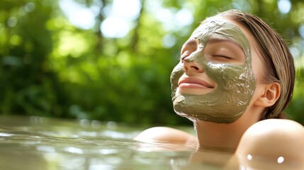 Woman wearing a mud mask and enjoying an outdoor spa surrounded by nature.