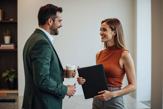 Man and woman in professional setting have conversation