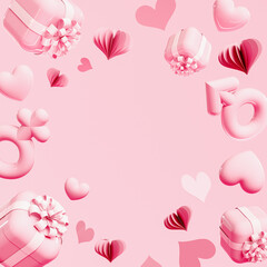 Valentine's day greeting card design. Valentine's day symbols with copy space on pink background. 3D Rendering, 3D Illustration