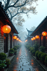 Fototapeta premium Photograph of a foggy, serene, stone-paved alley lined with traditional Chinese lanterns, ornate buildings, and potted plants.