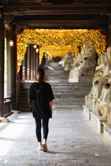 Naklejka premium Stunning view of a tourist walking in the Bai Dhin Temple in Ninh Binh, Vietnam. The Bai Dinh Pagoda is one of the largest pagoda complexes in Southeast Asia.