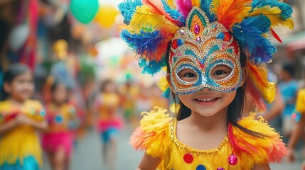  children wearing colorful masks and vibrant costumes, running through a festive street during a daytime masquerade festival, celebrating culture and tradition.