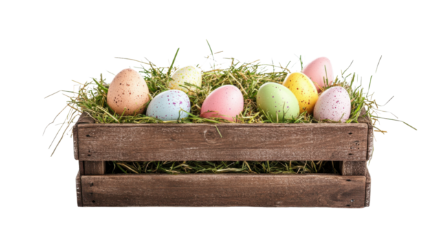 Easter eggs in wooden crate transparent background