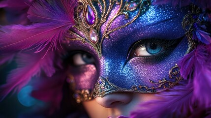  Richly detailed mysterious mask adorned with dark purple feathers and sparkling jewels, perfect for masquerade events or themed celebrations with a luxurious twist.