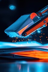 A dynamic shot of a stapler in action, caught mid-staple with papers being joined together