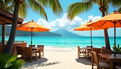 Tropical beach cafe with palm trees swaying in the breeze, colorful umbrellas shading wooden tables, turquoise ocean waves gently lapping at the shore