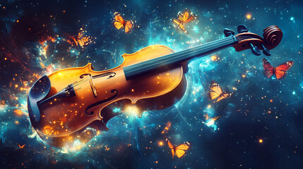 Fototapeta premium A luminescent violin radiates magical energy in cosmic space, transforming musical notes into ethereal butterflies and prismatic light , It features a violin surrounded by glowing light 