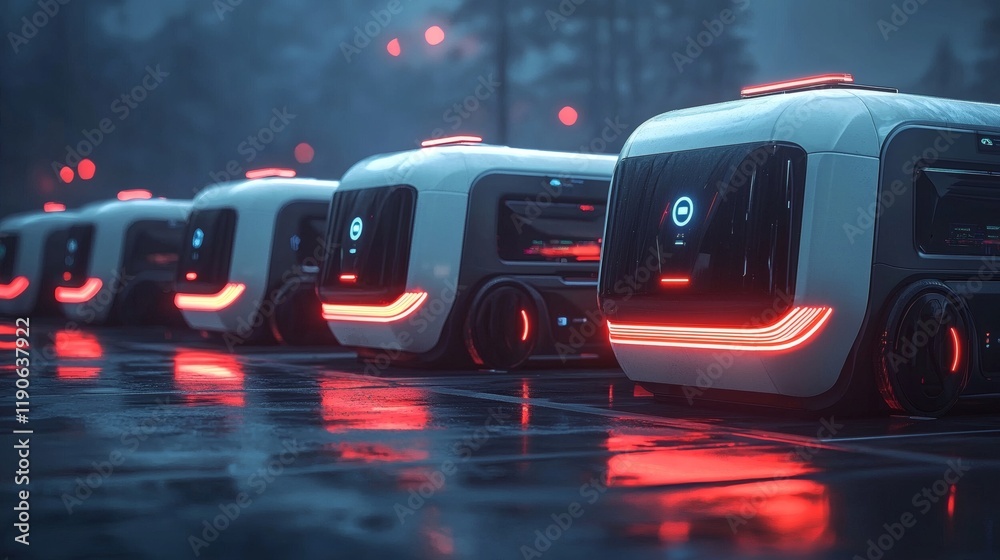 Poster autonomous vehicle charging stations with rapid energy transfer for fleet optimization stock photo w