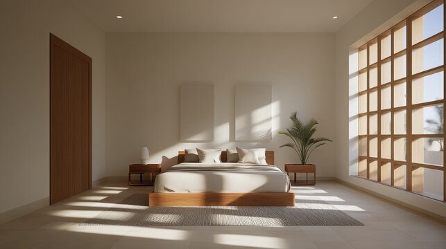 A stylish bedroom with geometric patterns and aligned decor, sunlight creating sharp shadow contrasts