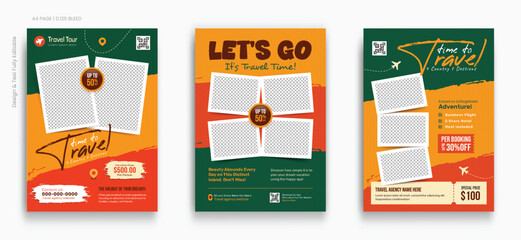 Travel Tour flyer poster template set. Time to travel and explore the world tourism Flyer, trip offers for traveling, price discounts flyer