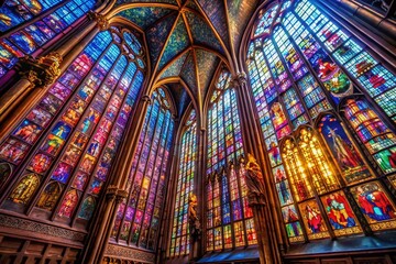 Obraz premium Macro Photography: Dark Cathedral Stained Glass, Intricate Details, Gothic Architecture, Religious Art, Colorful Windows