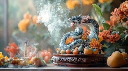 Fototapeta premium Traditional Chinese altar featuring a dragon sculpture surrounded by fruits, incense, and orange flowers, symbolizing prosperity, good fortune, and spiritual offerings for Lunar New Year.