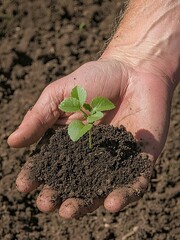 Hand holding a young sprout in fertile soil.  New life, growth, agriculture, spring.