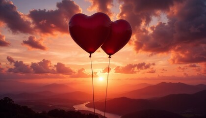 Fototapeta premium Artistic Heart-Shaped Balloons Silhouetted Against a Colorful Sunset Sky