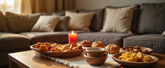 Fototapeta premium Arranging Haft-Seen elements for Nowruz in cozy living room, cultural tradition