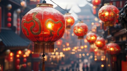  Rows of glowing red lanterns with golden snake motifs hanging along a busy street, gently swaying in the breeze to celebrate Lunar New Year traditions.
