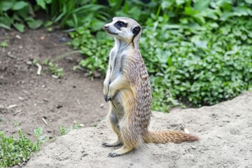 Fototapeta premium Curious Meerkat Standing Upright in Natural Habitat Surrounded by Lush Greenery, Displaying Alert Behavior and Unique Characteristics in a Playful Pose