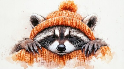 Watercolor illustration of a sleepy raccoon snuggled inside a chunky knitted hat in soft autumn colors, creating a cozy and whimsical scene.
