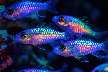 Fototapeta premium Mysterious nocturnal underwater photograph featuring cardinalfish in deep ocean serene dark blue and green color scheme