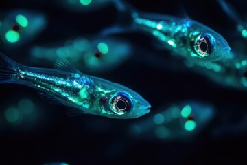 Mysterious nocturnal underwater photograph featuring cardinalfish in deep ocean  serene dark blue and green color scheme
