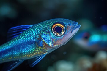 Fototapeta premium Mysterious nocturnal underwater photograph featuring cardinalfish in deep ocean serene dark blue and green color scheme