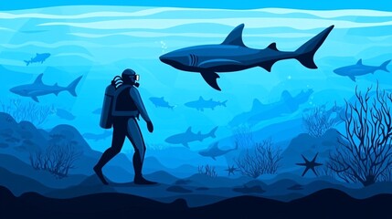 Naklejka premium Scuba Diver and Sharks Underwater