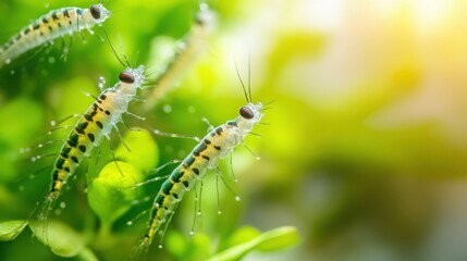 Close-Up Macro Shot of Tiny Larvae on Green Plants, Showcasing Intricate Details and Natural Habitat in a Vibrant Sunlit Environment