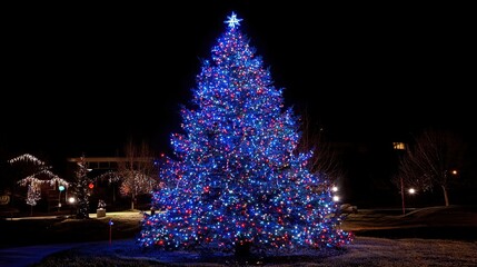 Illuminated Christmas tree at night.