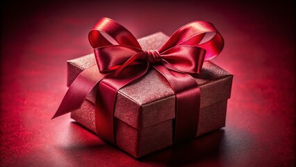 Fototapeta premium Macro Red Gift Box with Burgundy Ribbon Bow - Festive Holiday Background
