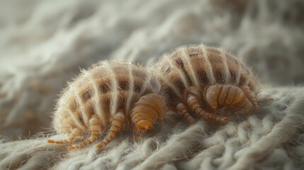 Close-Up View of Two Unique Isopods on Textured Surface, Showcasing Intricate Details of Nature's Creatures in a Soft and Natural Environment