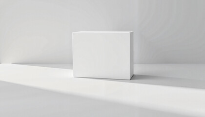 Minimalist white box mockup casting soft shadows on sleek desk, design