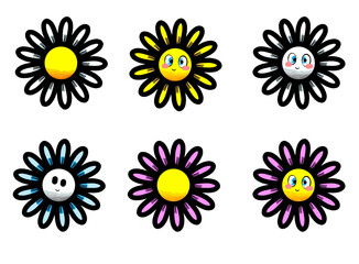 Set of Groovy flower cartoon characters. Funny happy daisy smile. Sticker pack in trendy style.