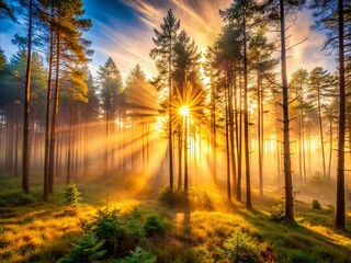 Magical Sunrise: Sunbeams Piercing Foggy Forest at Dawn