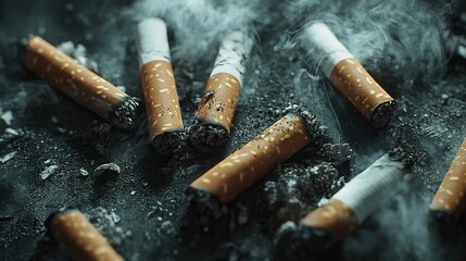 Close-Up of Discarded Cigarettes on a Dark Surface with Smoke