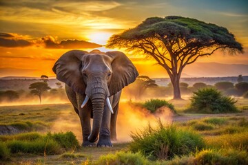 Obraz premium Majestic African Elephant in Savanna Landscape: Wildlife Conservation & Travel Photography
