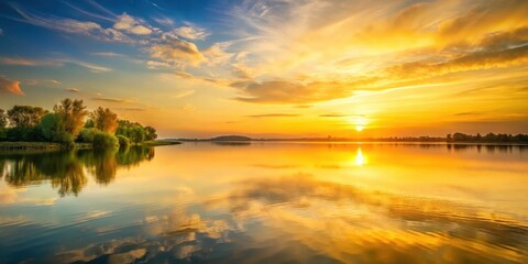 Naklejka premium Soft yellow sunset on a tranquil lake, nature, evening sky, nature