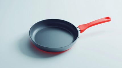 Red-handled frying pan on white background.