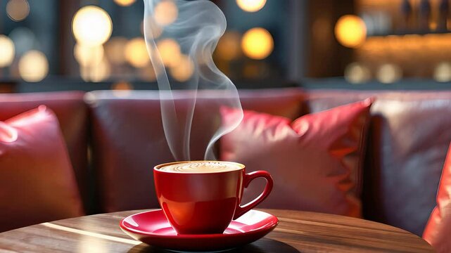 Steaming Hot Coffee in Red Cup on Wooden Table in Cozy Cafe with Warm Ambient Lighting

