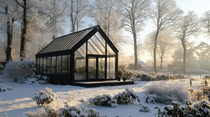 Modern Greenhouse in Bright Winter Scene Surrounded by Snow