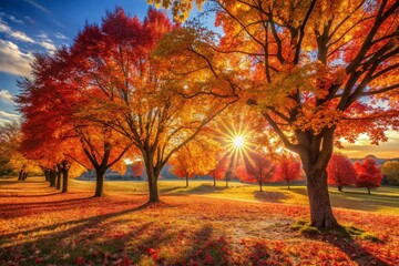 Majestic Autumn Landscape: Golden Trees Under a Vibrant Sky