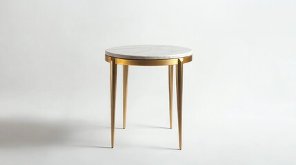 Fototapeta premium Round marble top side table with gold metal legs on white background.