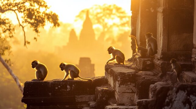 A group of Indian langurs playing on ancient temple ruins under a golden sunset