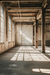 A haunting photo of an empty factory floor with peeling paint and rusted steel beams