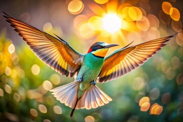 Fototapeta premium Majestic Bird in Flight, Wings Spread Wide, Bokeh Background