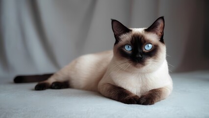 Siamese Cat Relaxing on Soft Gray Fabric