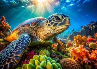Fototapeta premium Close-Up Green Sea Turtle Grazing Coral Reef Algae Long Exposure Underwater Photography