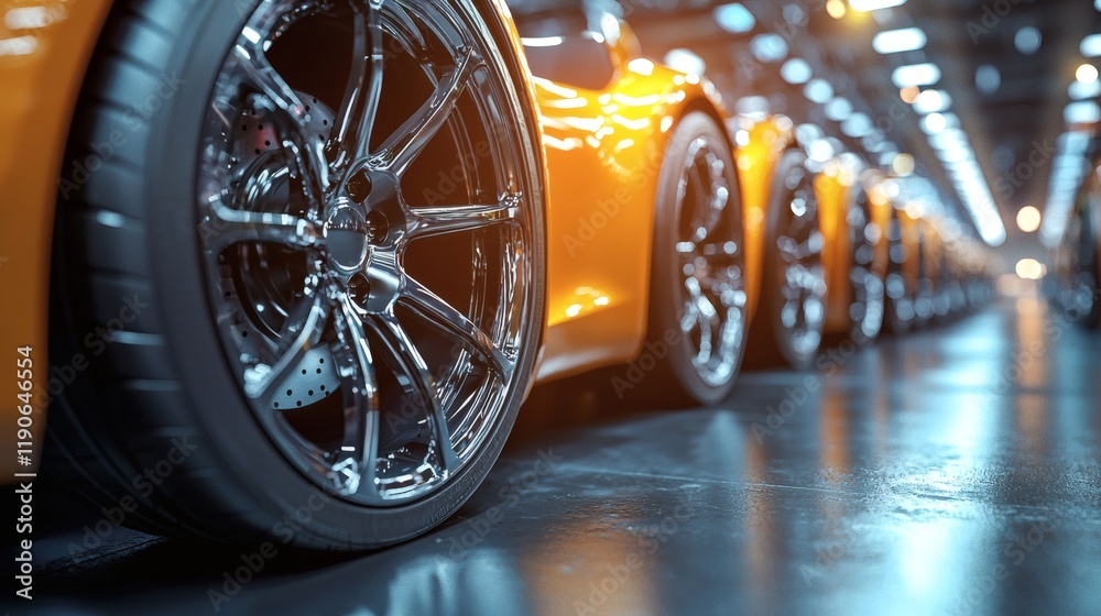 Poster Advanced vehicle components such as lightweight alloy wheels displayed in a professional automotive showroom Stock Photo with side copy space