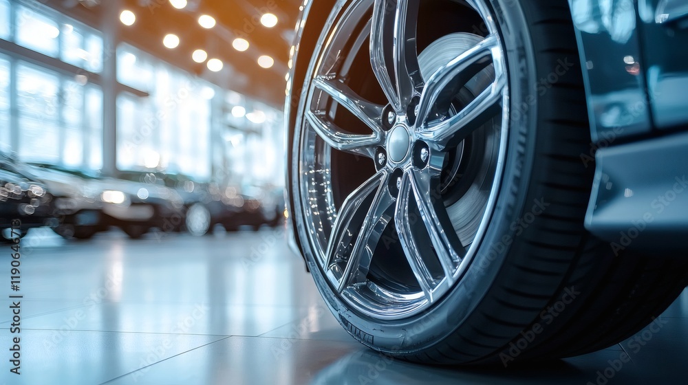 Poster advanced vehicle components such as lightweight alloy wheels displayed in a professional automotive 