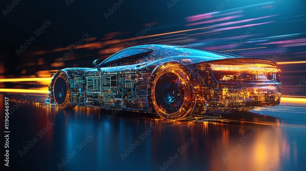 Poster Advanced vehicle components emphasizing autonomous navigation systems installed in next-gen vehicles Stock Photo with side copy space