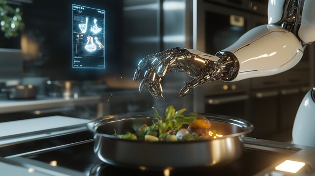 Cyborg chef meticulously prepares a gourmet dish in a futuristic kitchen with advanced technology and precision cooking. global robotization